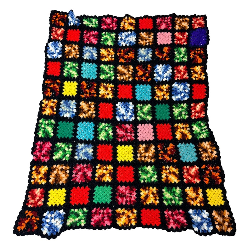 Vintage Handmade Crochet Granny Square Blanket Multi-Color Boho Throw 45x57"